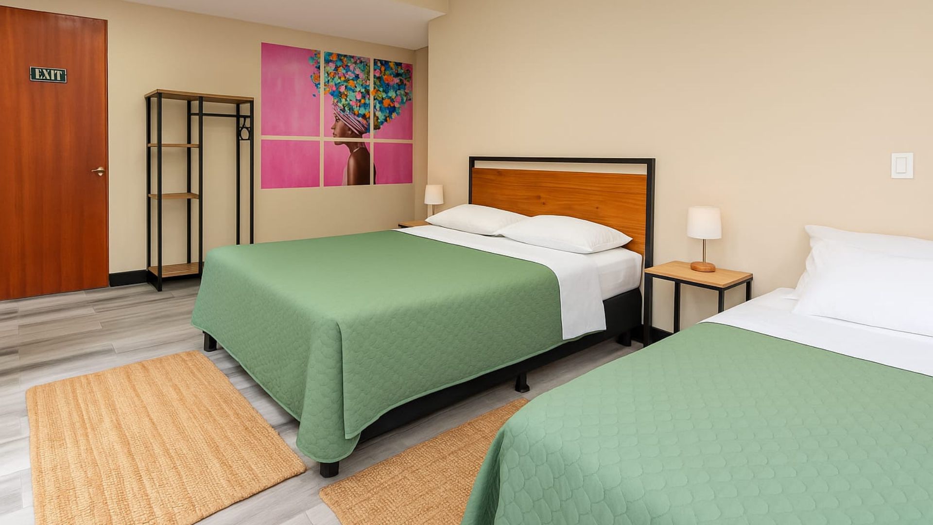 Eco-lodge rainforest bedroom with handcrafted wood furnishings and vibrant green canopy